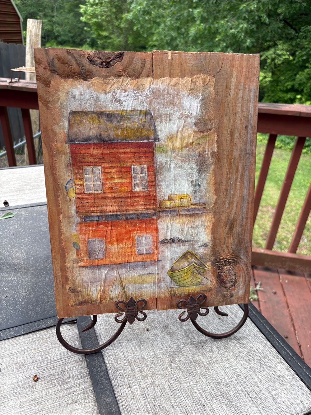 Rustic Boat and House Lake scene on easel